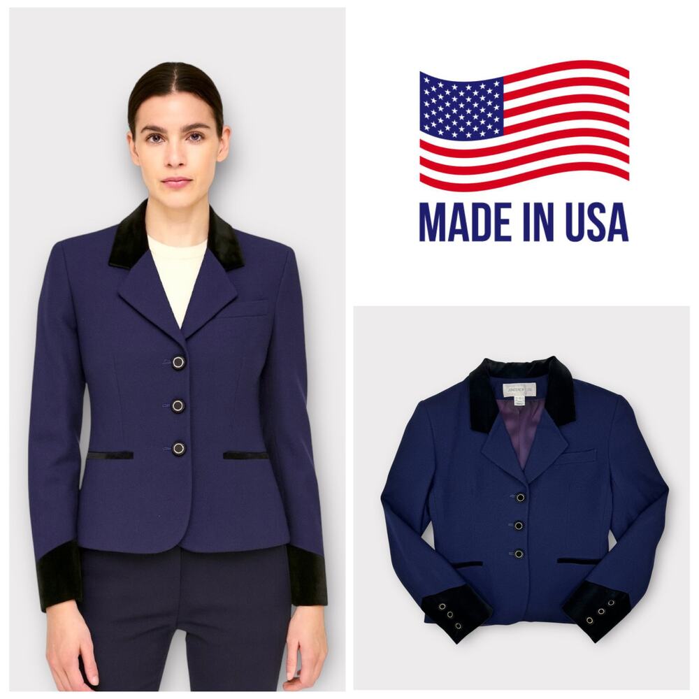 Vintage Jones NY Womens Sz S Indigo Navy Wool Blazer Equestrian Velvet 90s Prep